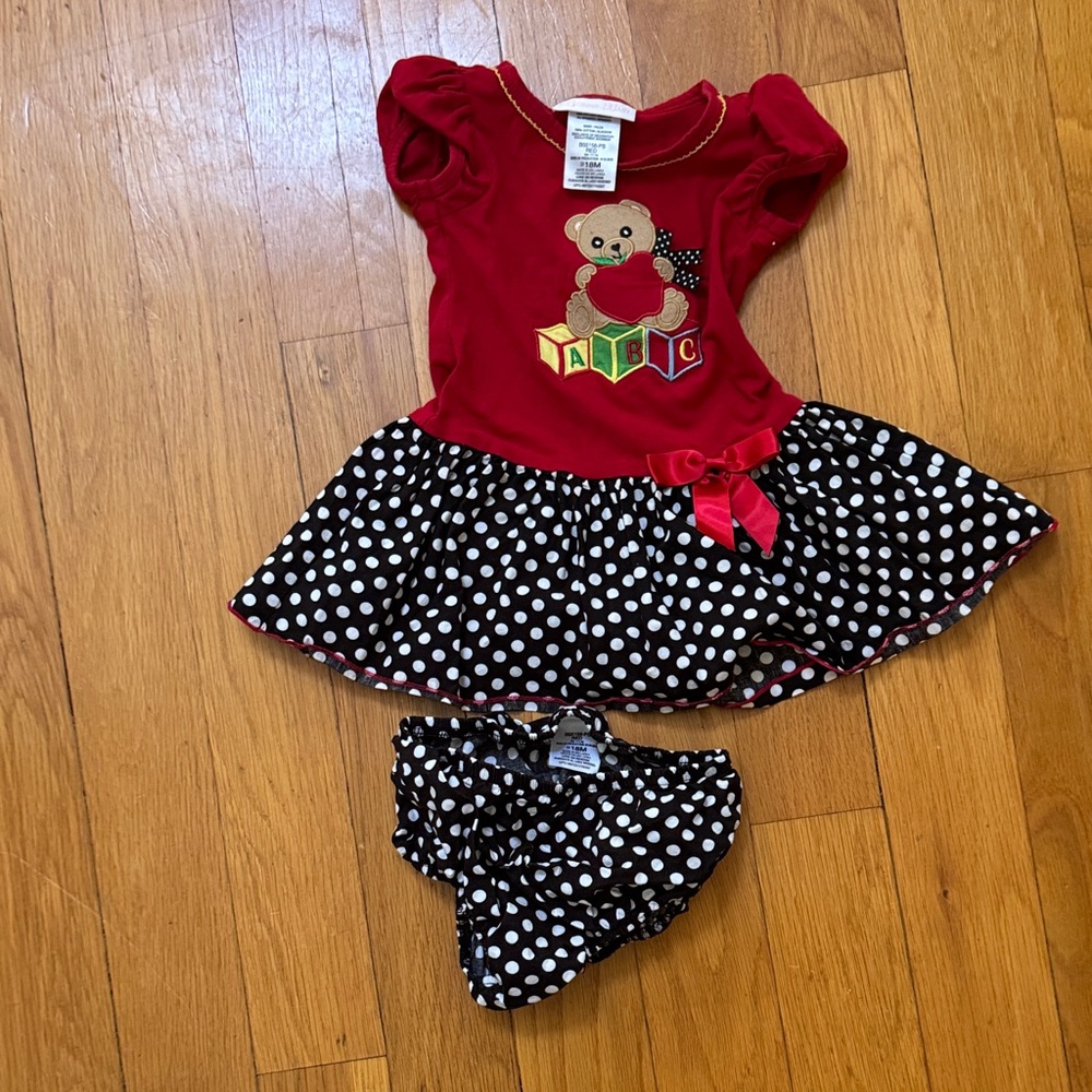 Bonnie Baby Vibrant Red Dress with Bear Accent and Bloomers